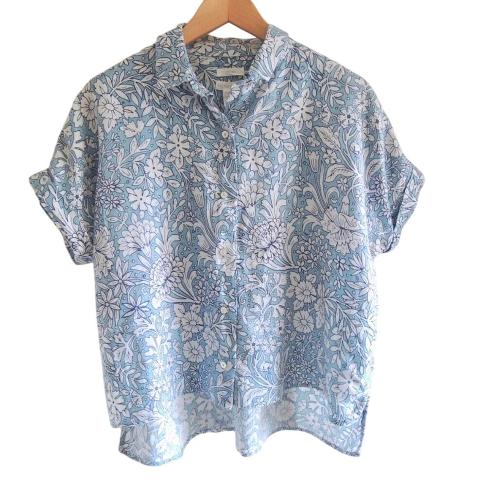Rachel Ashwell Blue Floral Short Sleeve Button Down Boxy Linen Coastal Shirt - Picture 2 of 10